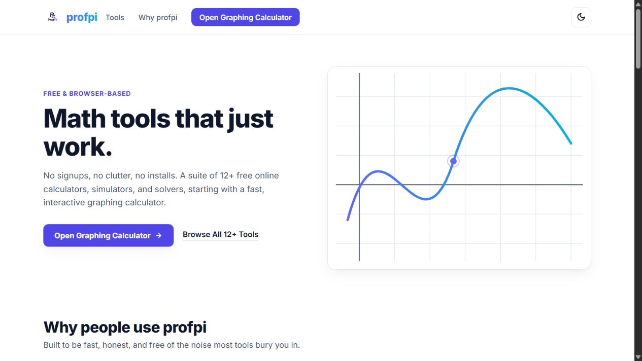 ProfPi homepage with its graphing calculator and directory of math tools